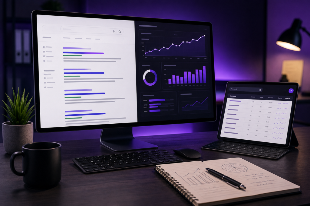 SEO analytics dashboard showing improved Google rankings and website performance.